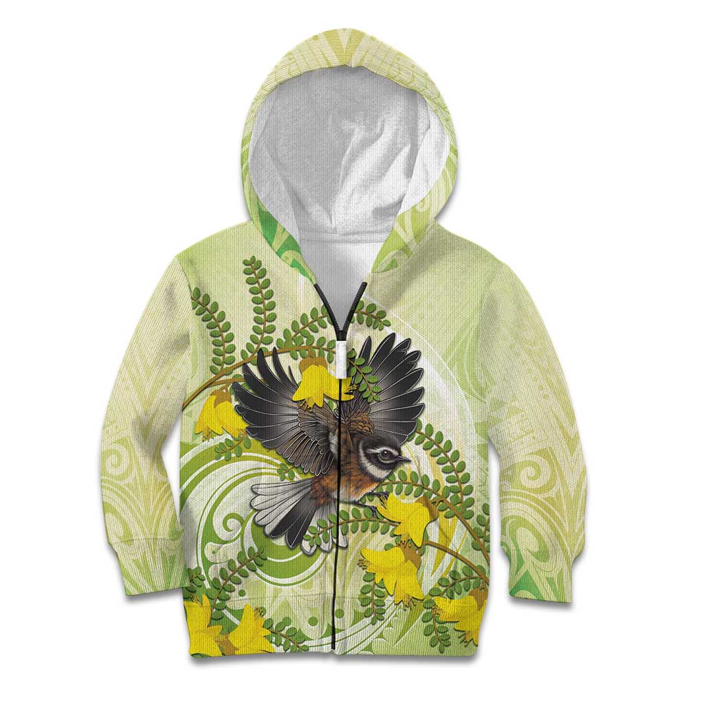 New Zealand Piwakawaka Fantail Bird Kid Hoodie With Kowhai Flowers LT05 Zip Hoodie Green - Polynesian Pride