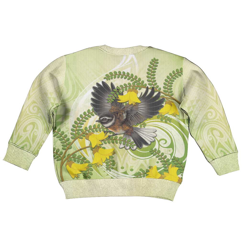 New Zealand Piwakawaka Fantail Bird Kid Ugly Christmas Sweater With Kowhai Flowers LT05 - Polynesian Pride