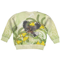 New Zealand Piwakawaka Fantail Bird Kid Ugly Christmas Sweater With Kowhai Flowers LT05 - Polynesian Pride