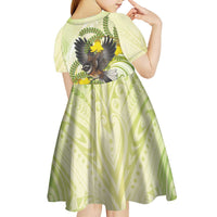 New Zealand Piwakawaka Fantail Bird Kid Short Sleeve Dress With Kowhai Flowers LT05 - Polynesian Pride