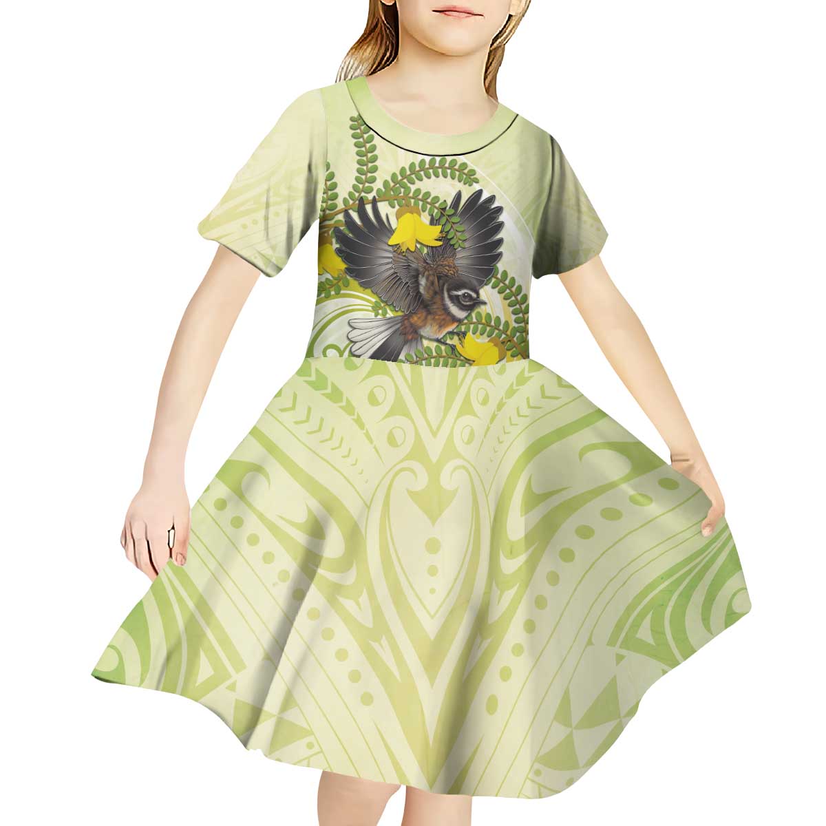 New Zealand Piwakawaka Fantail Bird Kid Short Sleeve Dress With Kowhai Flowers LT05 - Polynesian Pride