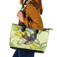 New Zealand Piwakawaka Fantail Bird Leather Tote Bag With Kowhai Flowers LT05 Green - Polynesian Pride