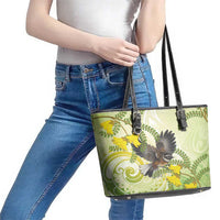 New Zealand Piwakawaka Fantail Bird Leather Tote Bag With Kowhai Flowers LT05 - Polynesian Pride