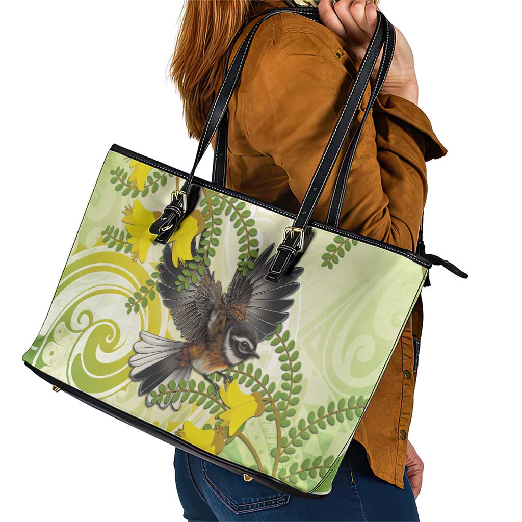 New Zealand Piwakawaka Fantail Bird Leather Tote Bag With Kowhai Flowers LT05 - Polynesian Pride