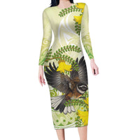 New Zealand Piwakawaka Fantail Bird Long Sleeve Bodycon Dress With Kowhai Flowers LT05 Long Dress Green - Polynesian Pride