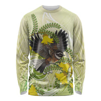New Zealand Piwakawaka Fantail Bird Long Sleeve Shirt With Kowhai Flowers LT05 Unisex Green - Polynesian Pride