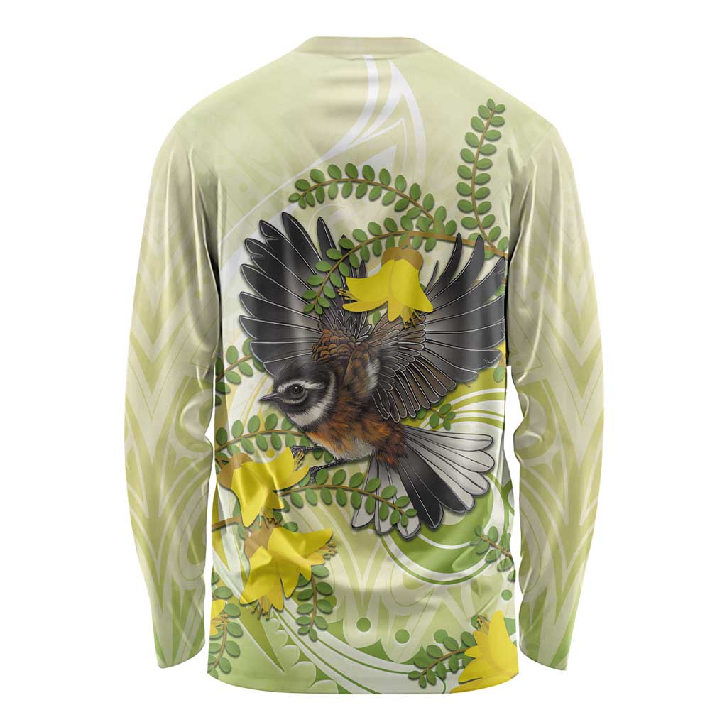 New Zealand Piwakawaka Fantail Bird Long Sleeve Shirt With Kowhai Flowers LT05 - Polynesian Pride