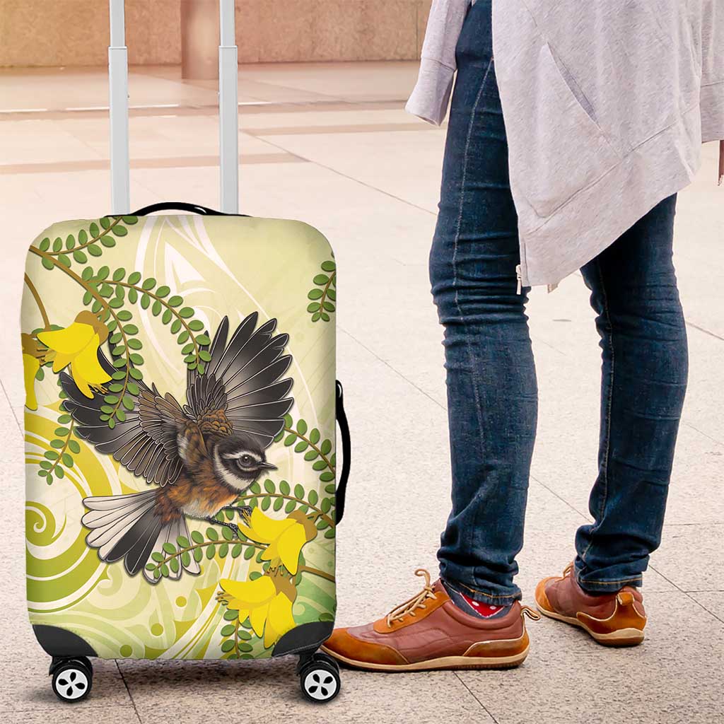 New Zealand Piwakawaka Fantail Bird Luggage Cover With Kowhai Flowers LT05 Green - Polynesian Pride