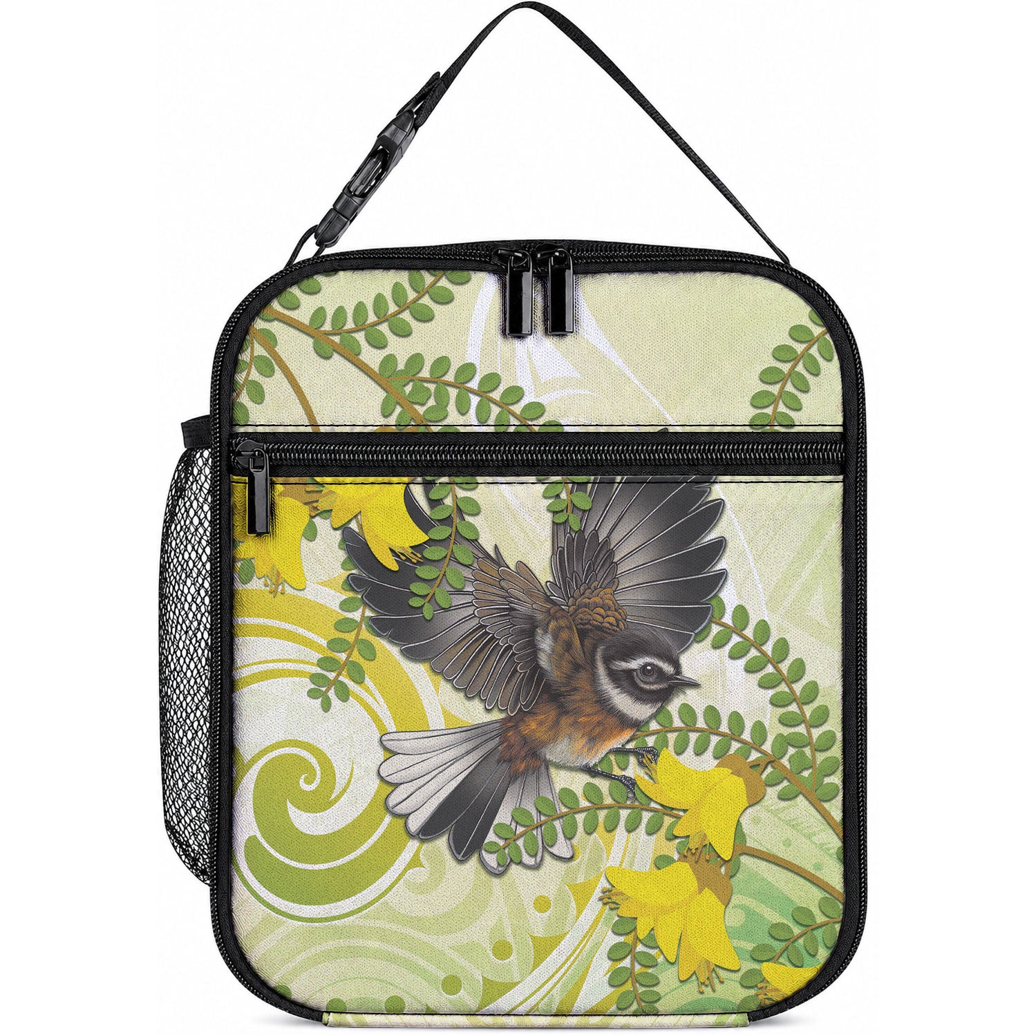 New Zealand Piwakawaka Fantail Bird Lunch Bag With Kowhai Flowers LT05 10.2 × 8.3 × 4.3 inch Green - Polynesian Pride