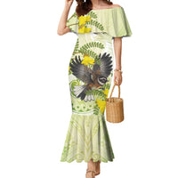 New Zealand Piwakawaka Fantail Bird Mermaid Dress With Kowhai Flowers LT05 Women Green - Polynesian Pride