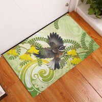 New Zealand Piwakawaka Fantail Bird Rubber Doormat With Kowhai Flowers