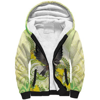 New Zealand Piwakawaka Fantail Bird Sherpa Hoodie With Kowhai Flowers LT05 Unisex Green - Polynesian Pride