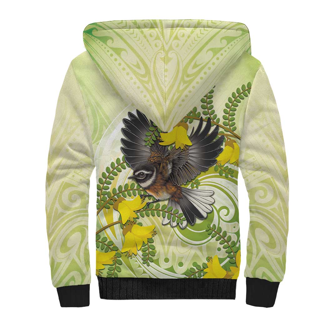New Zealand Piwakawaka Fantail Bird Sherpa Hoodie With Kowhai Flowers LT05 - Polynesian Pride