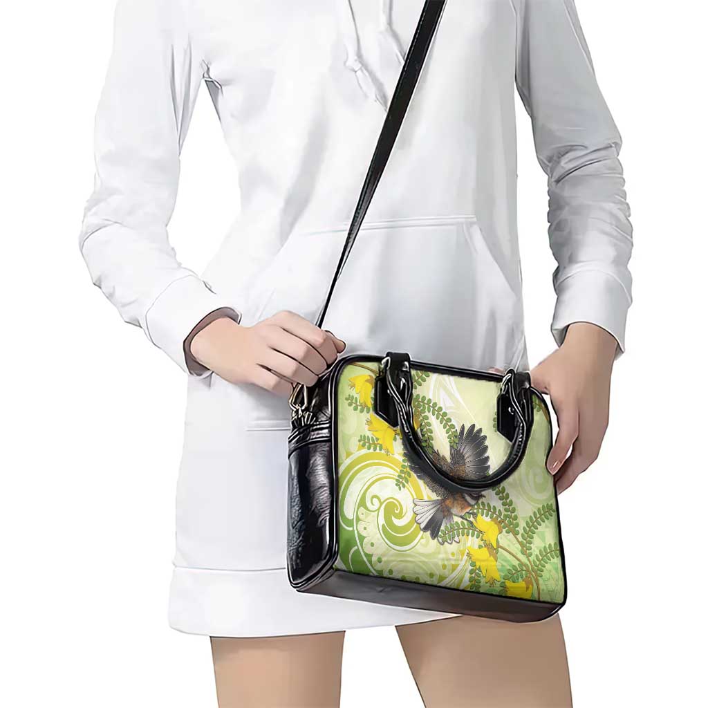 New Zealand Piwakawaka Fantail Bird Shoulder Handbag With Kowhai Flowers