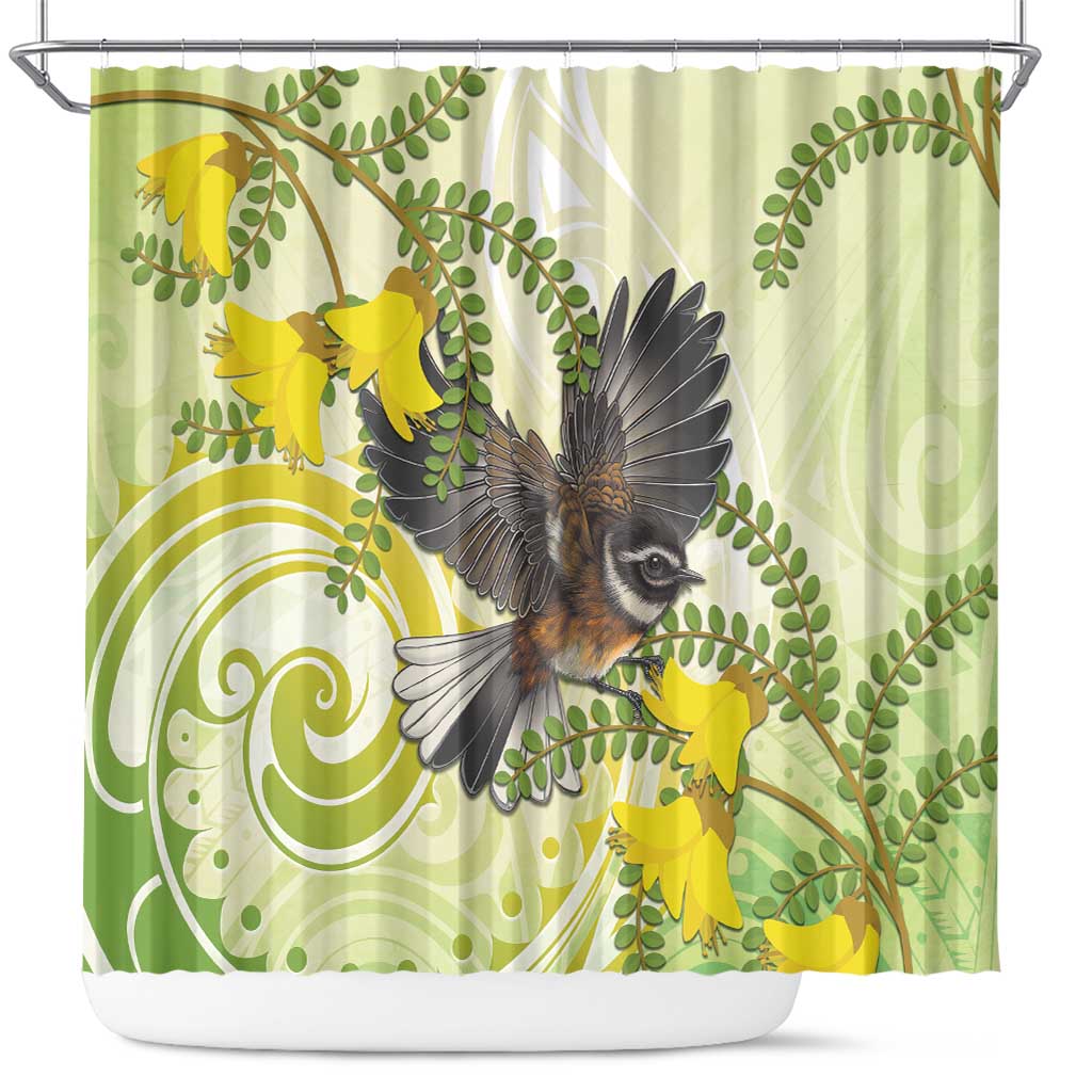New Zealand Piwakawaka Fantail Bird Shower Curtain With Kowhai Flowers LT05 Green - Polynesian Pride