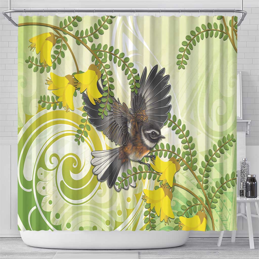 New Zealand Piwakawaka Fantail Bird Shower Curtain With Kowhai Flowers LT05 - Polynesian Pride