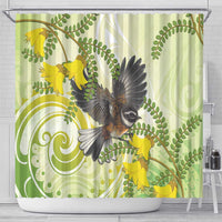New Zealand Piwakawaka Fantail Bird Shower Curtain With Kowhai Flowers LT05 - Polynesian Pride
