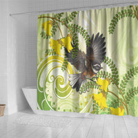 New Zealand Piwakawaka Fantail Bird Shower Curtain With Kowhai Flowers LT05 - Polynesian Pride