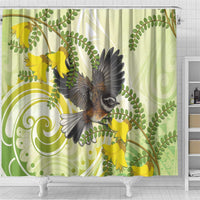 New Zealand Piwakawaka Fantail Bird Shower Curtain With Kowhai Flowers LT05 - Polynesian Pride