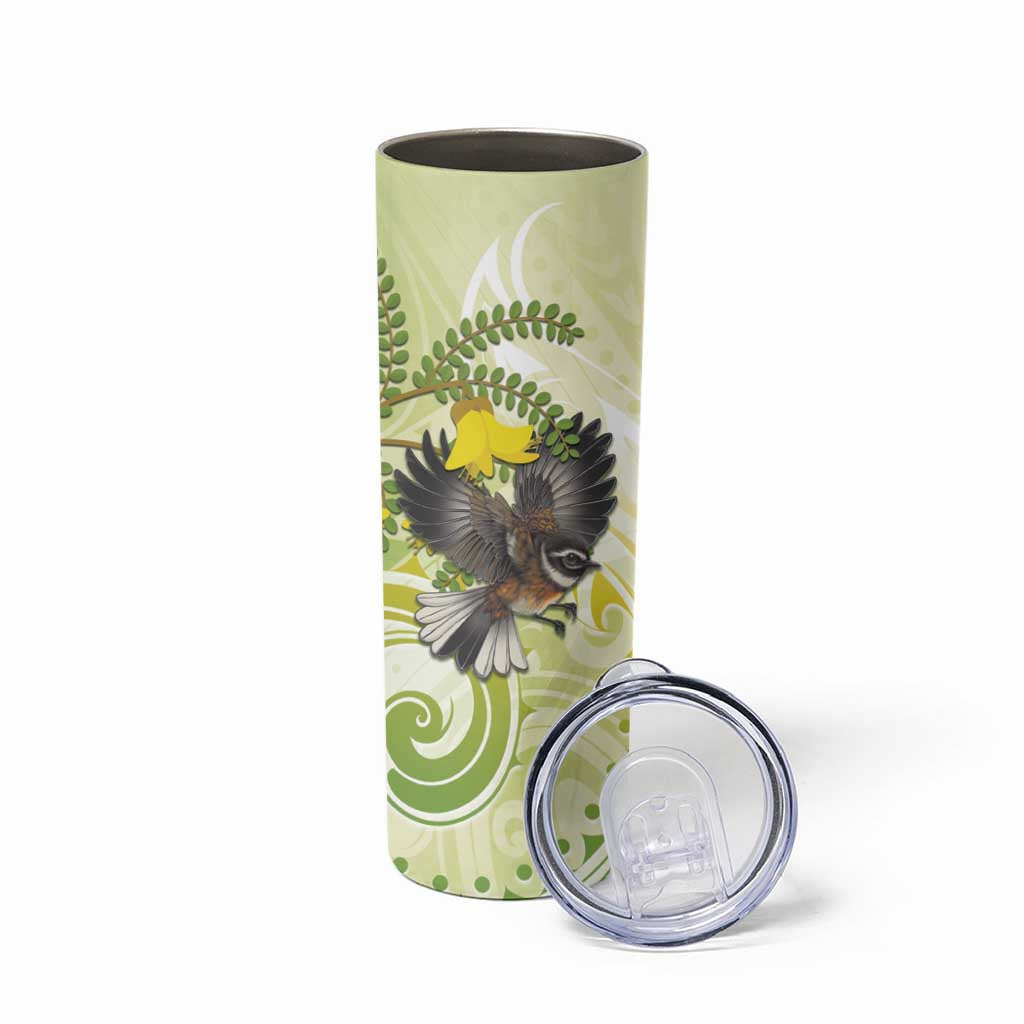 New Zealand Piwakawaka Fantail Bird Skinny Tumbler With Kowhai Flowers LT05 - Polynesian Pride