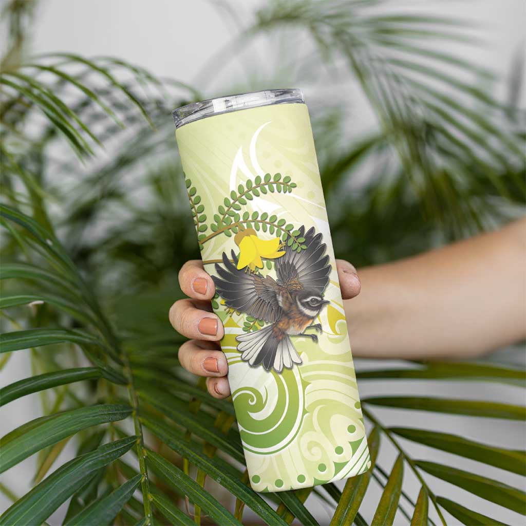 New Zealand Piwakawaka Fantail Bird Skinny Tumbler With Kowhai Flowers LT05 - Polynesian Pride