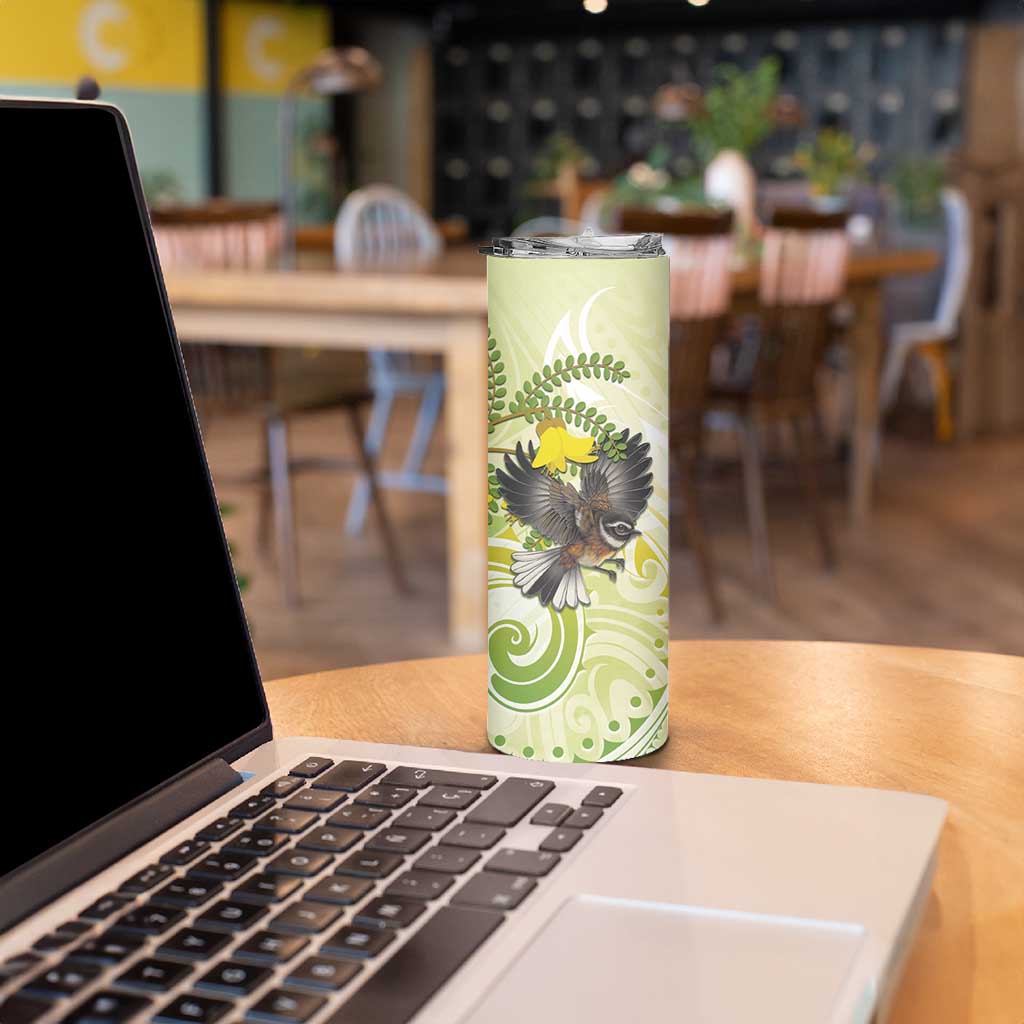 New Zealand Piwakawaka Fantail Bird Skinny Tumbler With Kowhai Flowers LT05 - Polynesian Pride