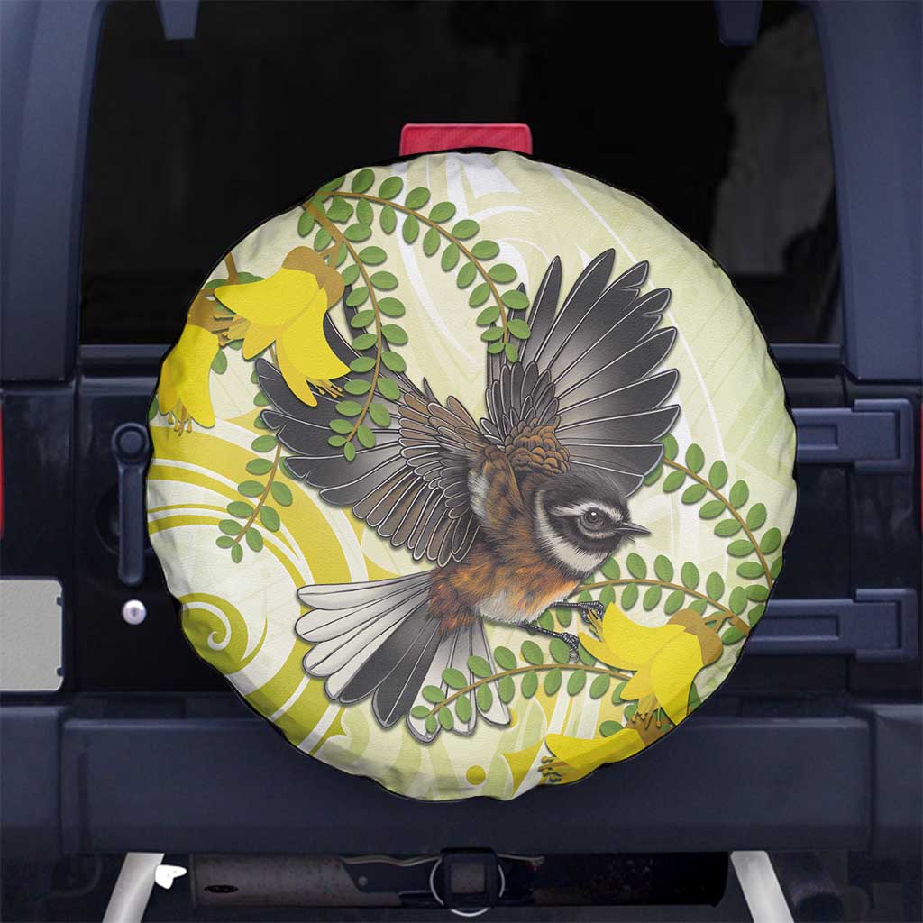 New Zealand Piwakawaka Fantail Bird Spare Tire Cover With Kowhai Flowers LT05 - Polynesian Pride