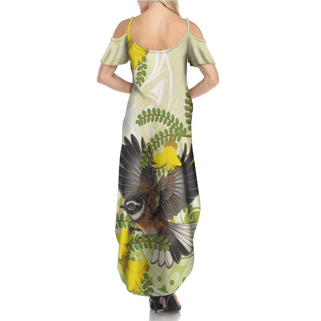New Zealand Piwakawaka Fantail Bird Summer Maxi Dress With Kowhai Flowers LT05 - Polynesian Pride