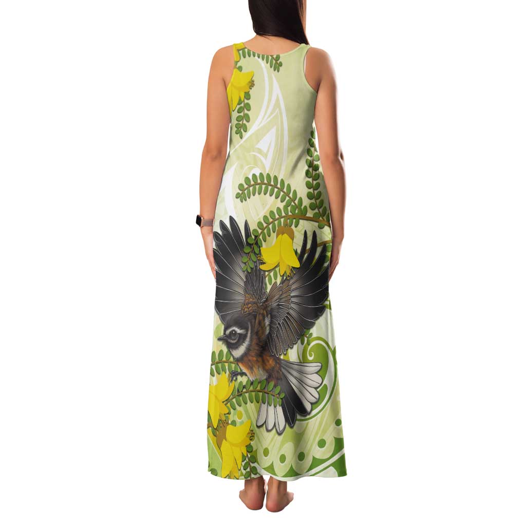 New Zealand Piwakawaka Fantail Bird Tank Maxi Dress With Kowhai Flowers LT05 - Polynesian Pride