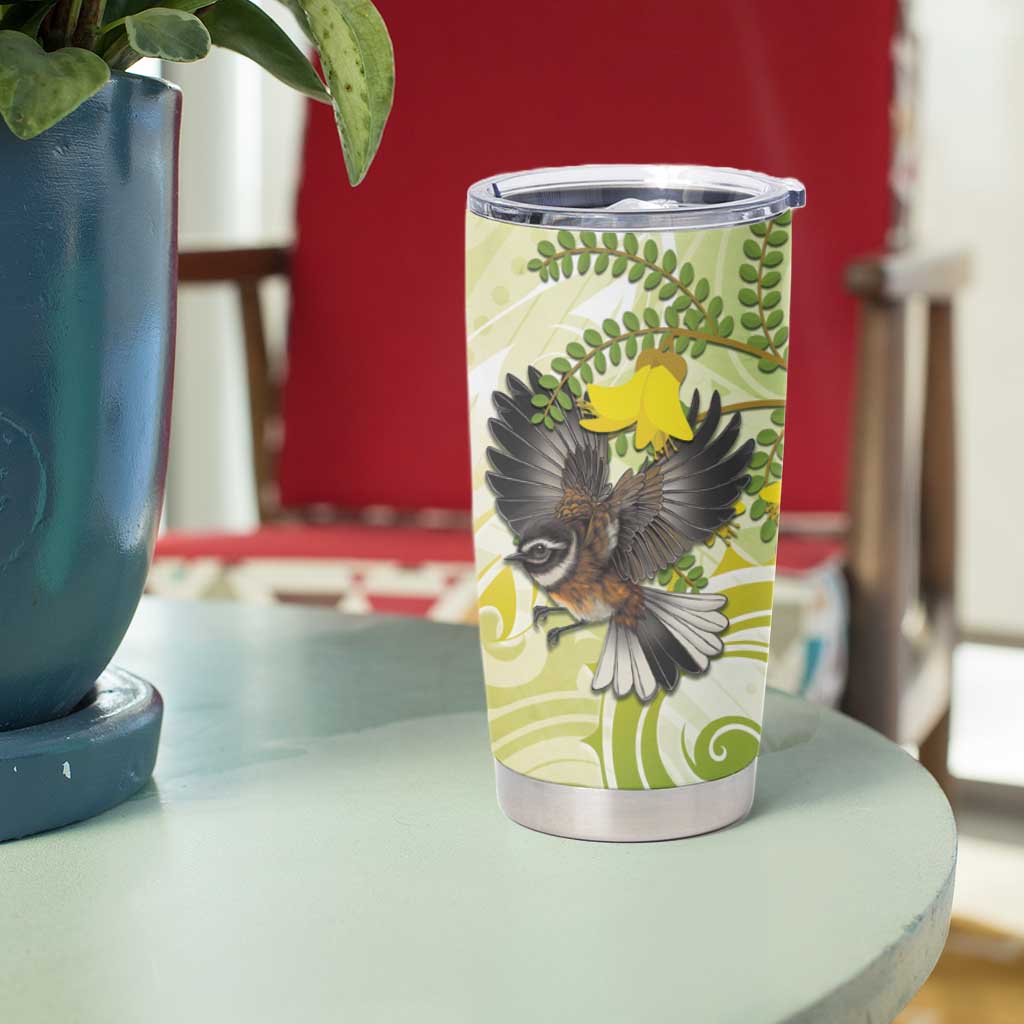 New Zealand Piwakawaka Fantail Bird Tumbler Cup With Kowhai Flowers LT05 - Polynesian Pride