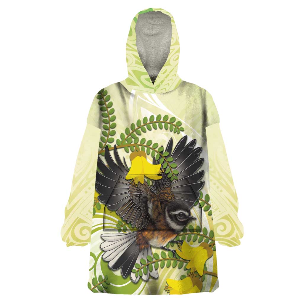 New Zealand Piwakawaka Fantail Bird Wearable Blanket Hoodie With Kowhai Flowers LT05 One Size Green - Polynesian Pride