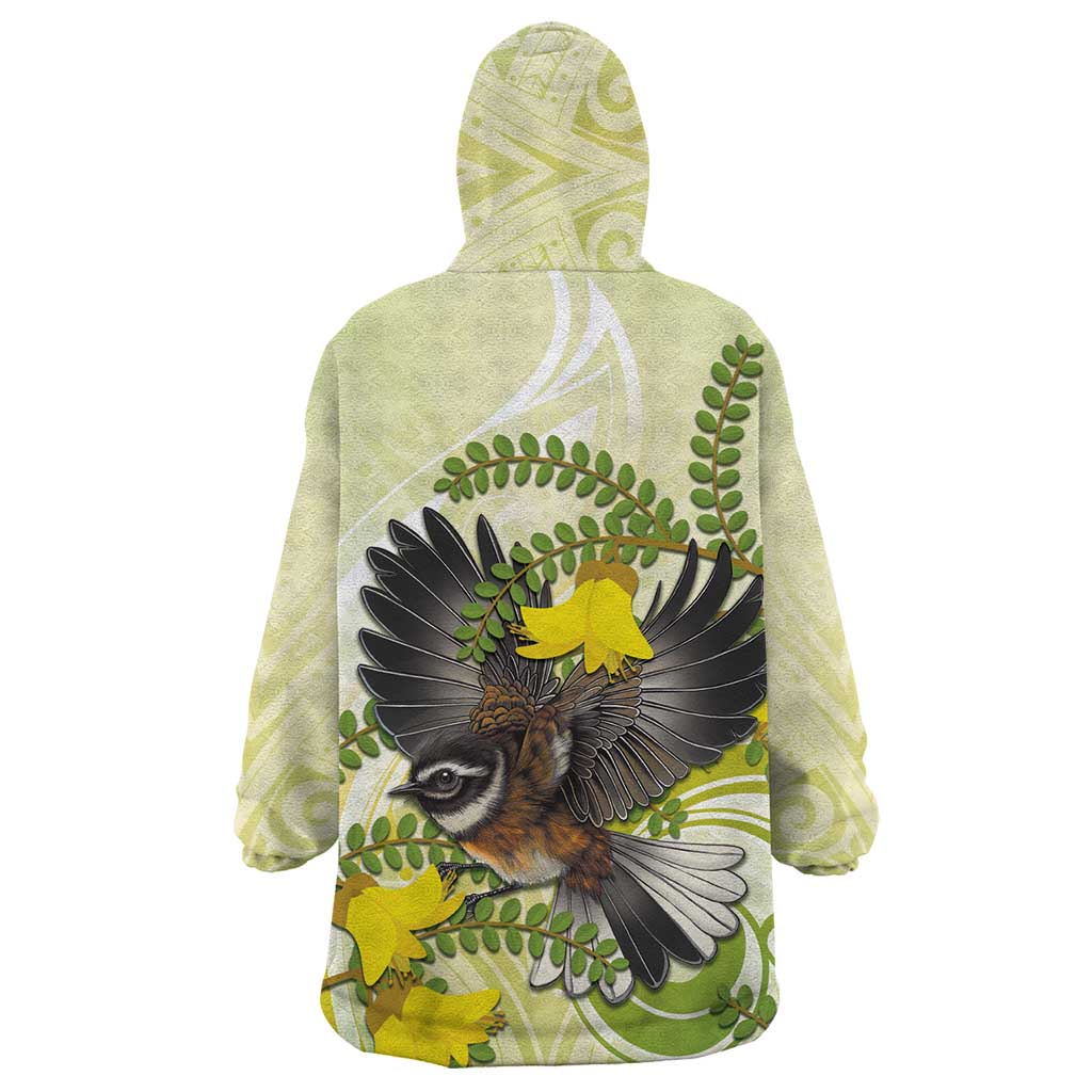 New Zealand Piwakawaka Fantail Bird Wearable Blanket Hoodie With Kowhai Flowers LT05 - Polynesian Pride