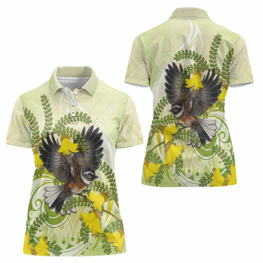 New Zealand Piwakawaka Fantail Bird Women Polo Shirt With Kowhai Flowers LT05 - Polynesian Pride