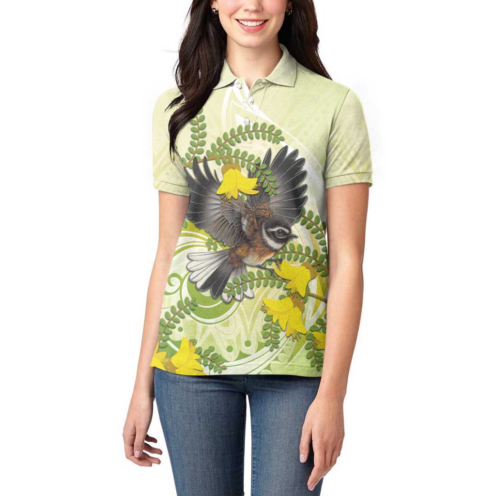 New Zealand Piwakawaka Fantail Bird Women Polo Shirt With Kowhai Flowers LT05 - Polynesian Pride
