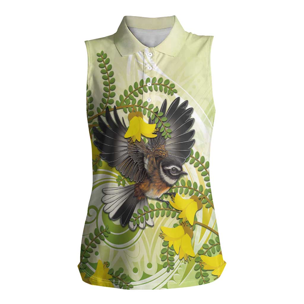 New Zealand Piwakawaka Fantail Bird Women Sleeveless Polo Shirt With Kowhai Flowers