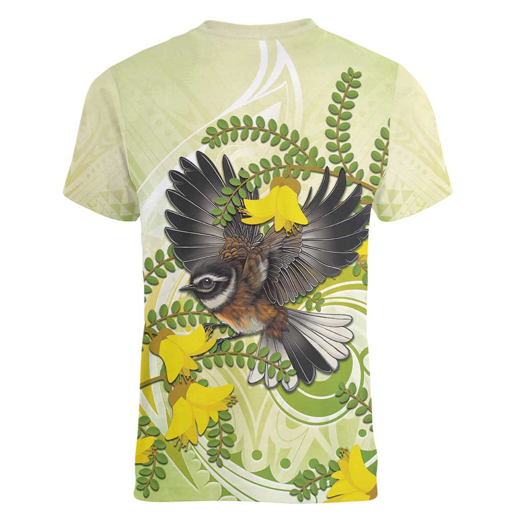 New Zealand Piwakawaka Fantail Bird Women V-Neck T-Shirt With Kowhai Flowers