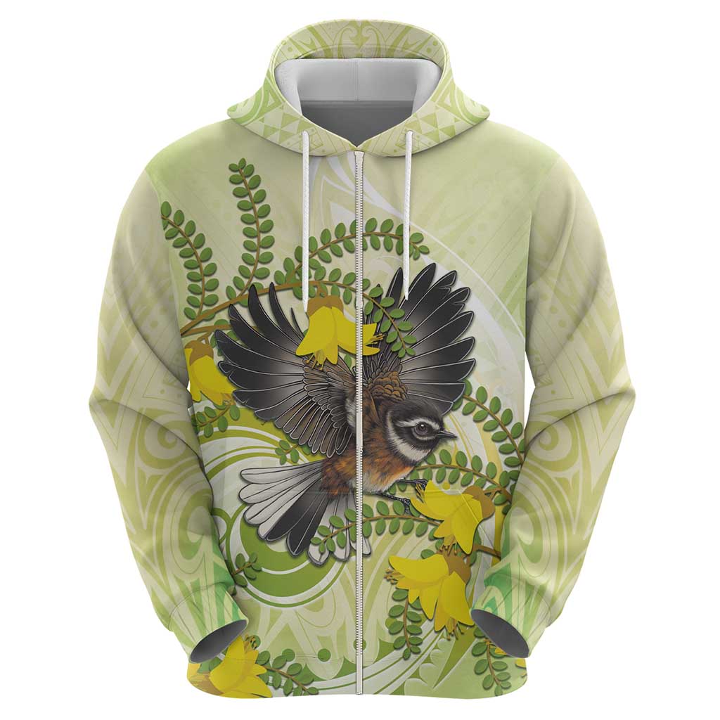 New Zealand Piwakawaka Fantail Bird Zip Hoodie With Kowhai Flowers LT05 - Polynesian Pride