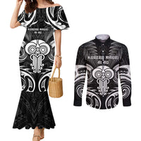 New Zealand Te Reo Maori Couples Matching Mermaid Dress and Long Sleeve Button Shirt Korero Maori Ai Au LT05 Black - Polynesian Pride