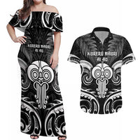 New Zealand Te Reo Maori Couples Matching Off Shoulder Maxi Dress and Hawaiian Shirt Korero Maori Ai Au LT05 Black - Polynesian Pride