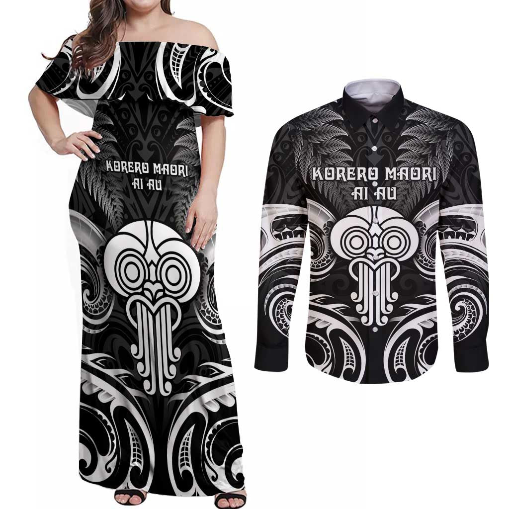 New Zealand Te Reo Maori Couples Matching Off Shoulder Maxi Dress and Long Sleeve Button Shirt Korero Maori Ai Au LT05 Black - Polynesian Pride