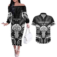 New Zealand Te Reo Maori Couples Matching Off The Shoulder Long Sleeve Dress and Hawaiian Shirt Korero Maori Ai Au LT05 Black - Polynesian Pride