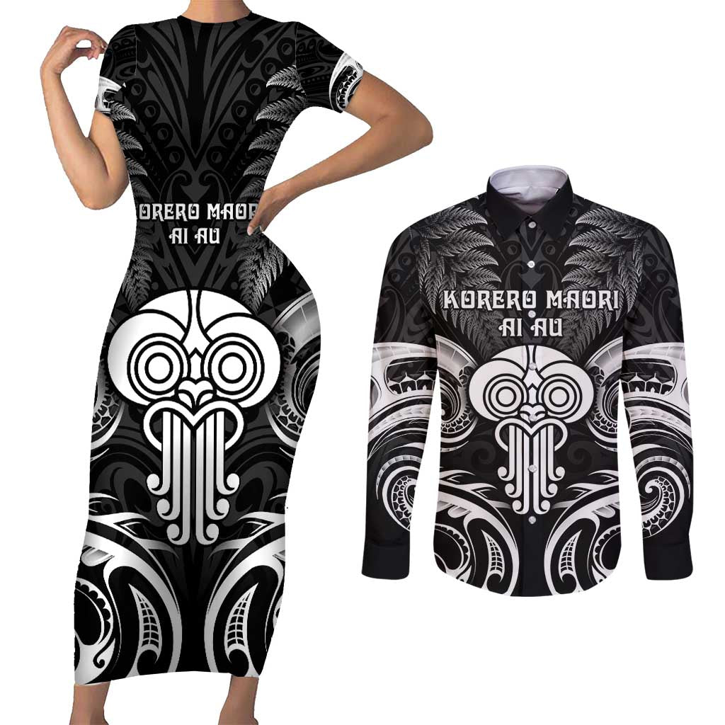 New Zealand Te Reo Maori Couples Matching Short Sleeve Bodycon Dress and Long Sleeve Button Shirt Korero Maori Ai Au LT05 Black - Polynesian Pride