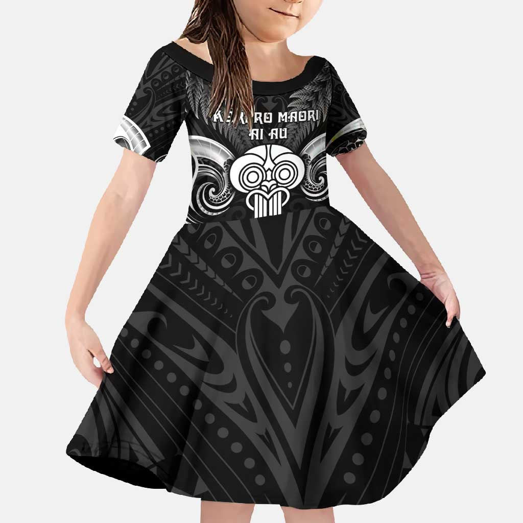 New Zealand Te Reo Maori Family Matching Off Shoulder Maxi Dress and Hawaiian Shirt Korero Maori Ai Au LT05 Daughter's Dress Black - Polynesian Pride