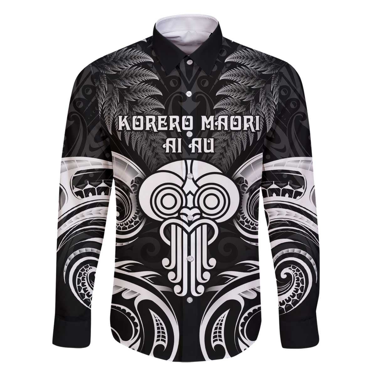 New Zealand Te Reo Maori Family Matching Off Shoulder Short Dress and Hawaiian Shirt Korero Maori Ai Au LT05 Dad's Shirt - Long Sleeve Black - Polynesian Pride