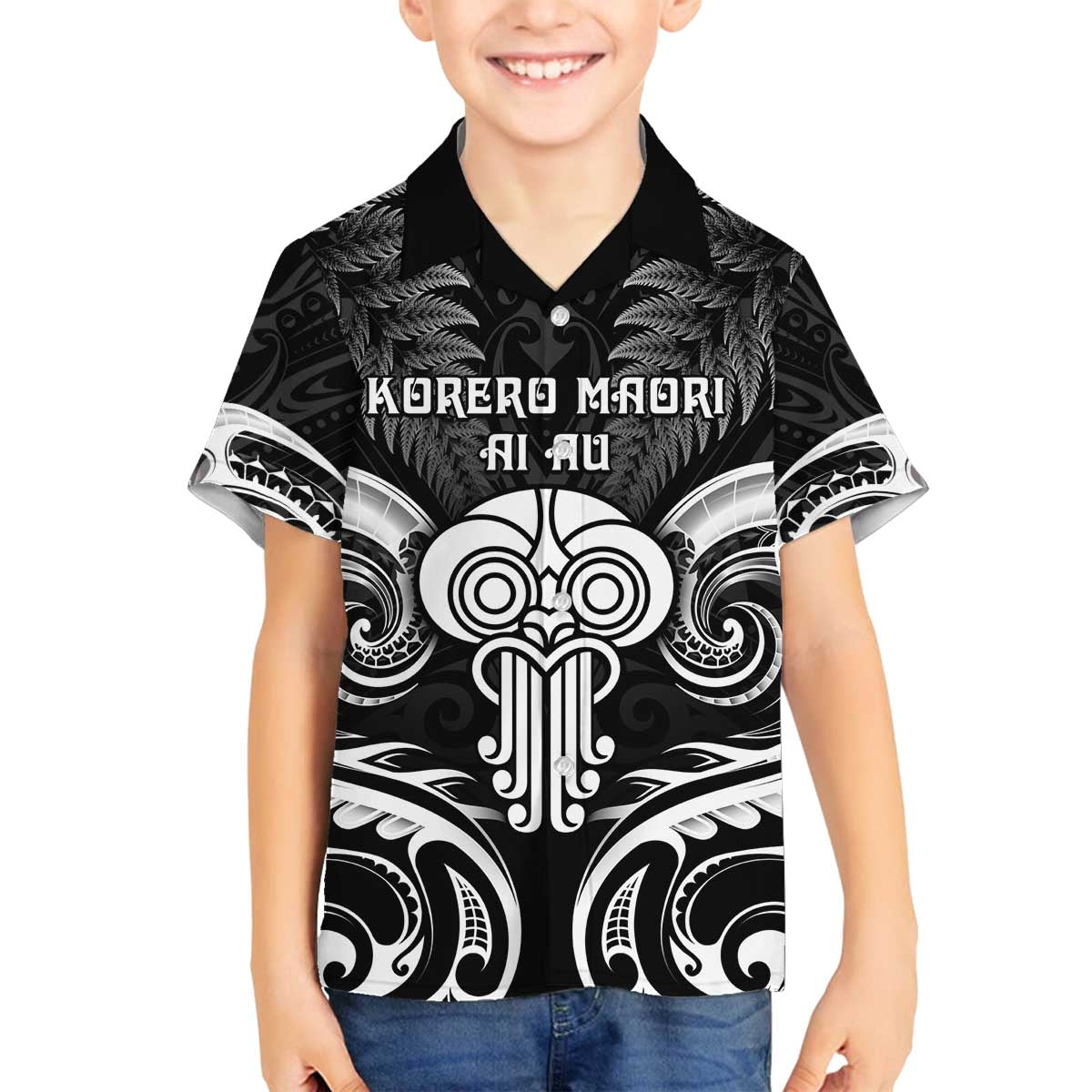 New Zealand Te Reo Maori Family Matching Off Shoulder Short Dress and Hawaiian Shirt Korero Maori Ai Au LT05 Son's Shirt Black - Polynesian Pride