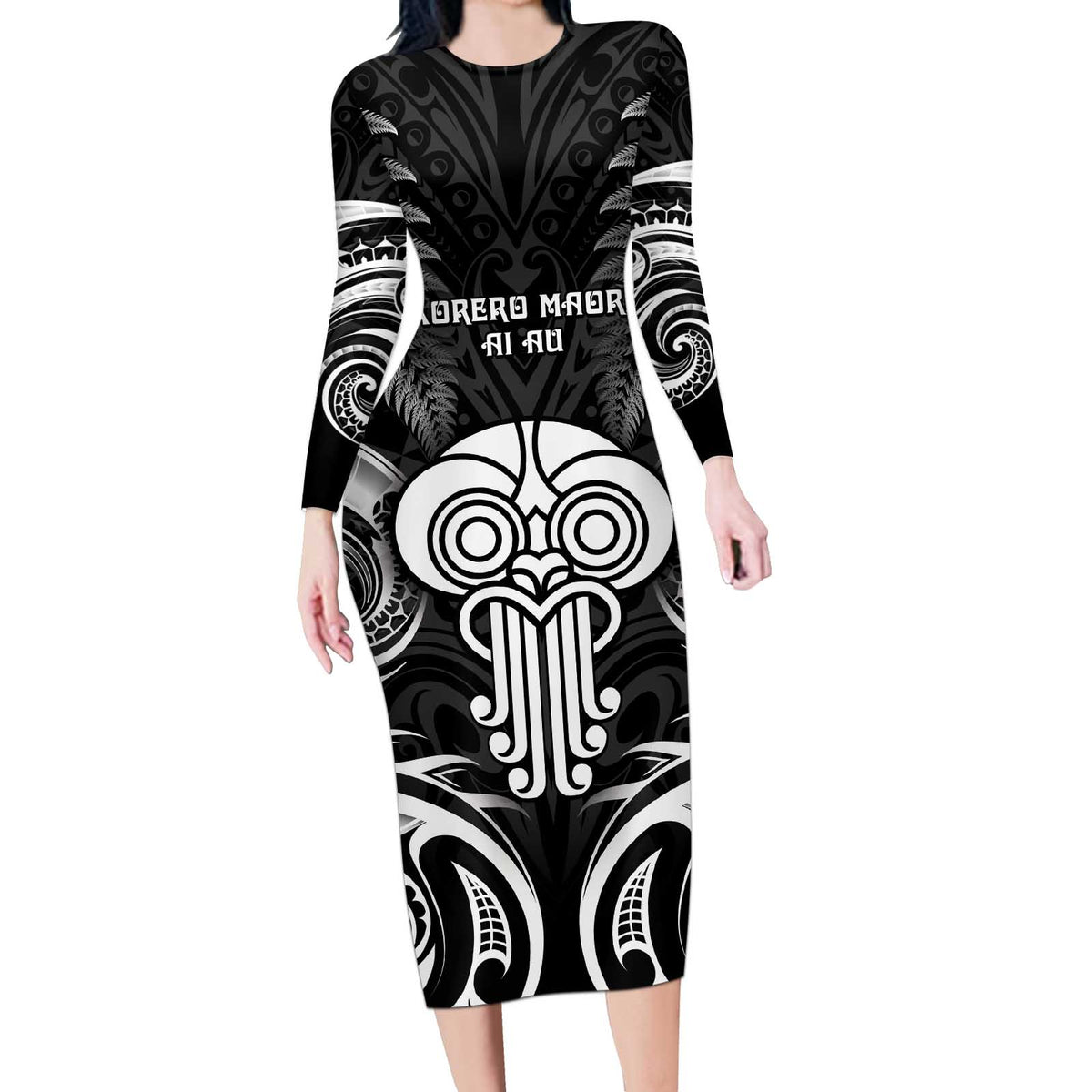 New Zealand Te Reo Maori Long Sleeve Bodycon Dress Korero Maori Ai Au LT05 Long Dress Black - Polynesian Pride