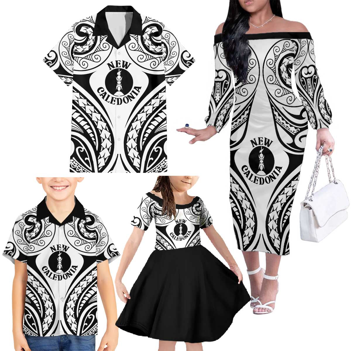 New Caledonia Day Family Matching Off The Shoulder Long Sleeve Dress and Hawaiian Shirt Polynesian Curves White Color LT05 - Polynesian Pride