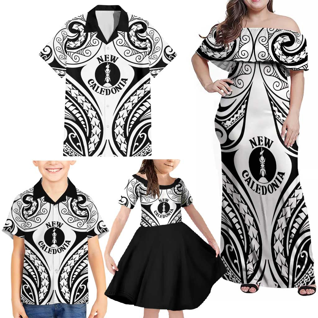 New Caledonia Day Family Matching Off Shoulder Maxi Dress and Hawaiian Shirt Polynesian Curves White Color LT05 - Polynesian Pride