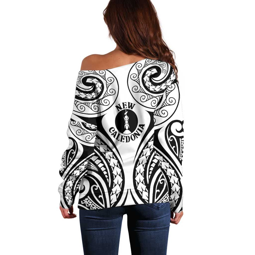 New Caledonia Day Off Shoulder Sweater Polynesian Curves White Color LT05 - Polynesian Pride