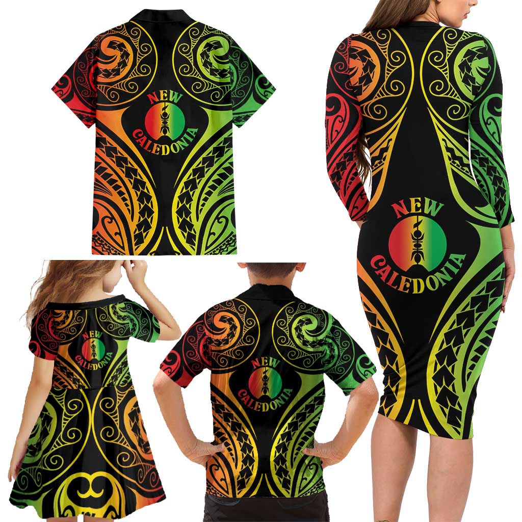 New Caledonia Day Family Matching Long Sleeve Bodycon Dress and Hawaiian Shirt Polynesian Curves Reggae Color LT05 - Polynesian Pride